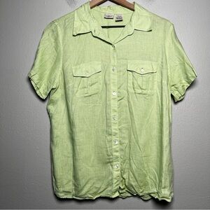 LL Bean Women 100% Linen Button Front Top Large Green Short Sleeve Coastal Outdo